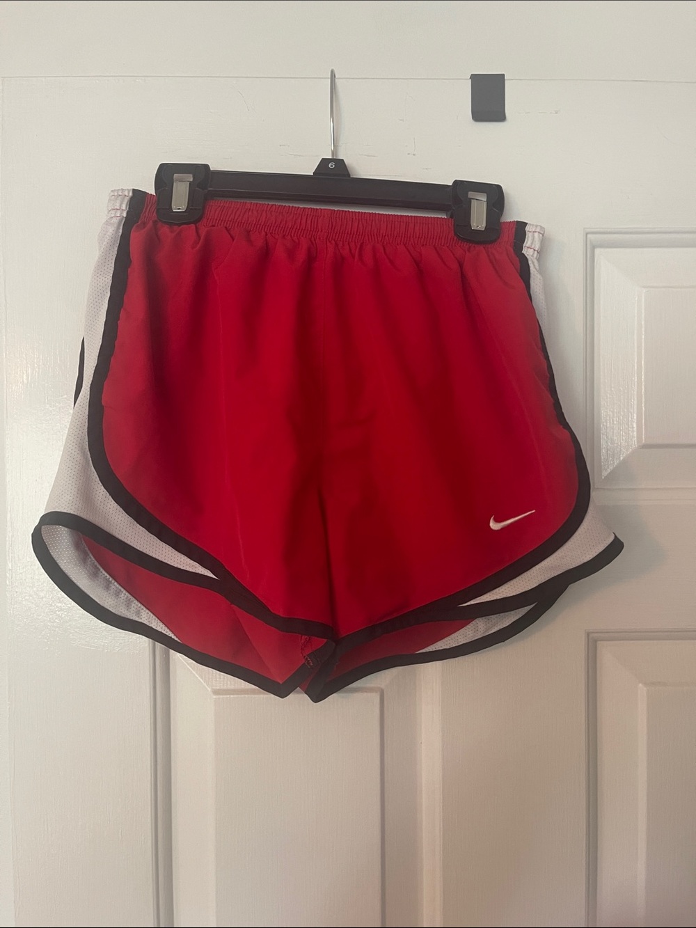 Nike Women’s Red Athletic Shorts with Black Trim and White Swoosh Size XS